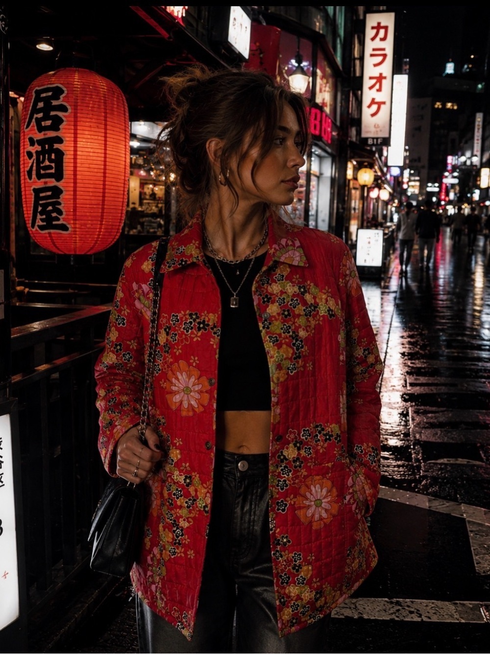 100% Silk Shell Red Quilted Floral Button-Down Jacket